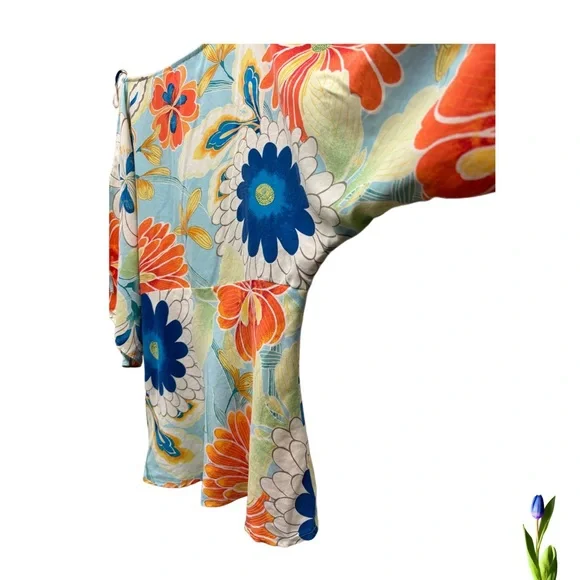 Y2K Express 100% Silk colorful blouse with open sleeves and flowers size 7/8 - Picture 4 of 7